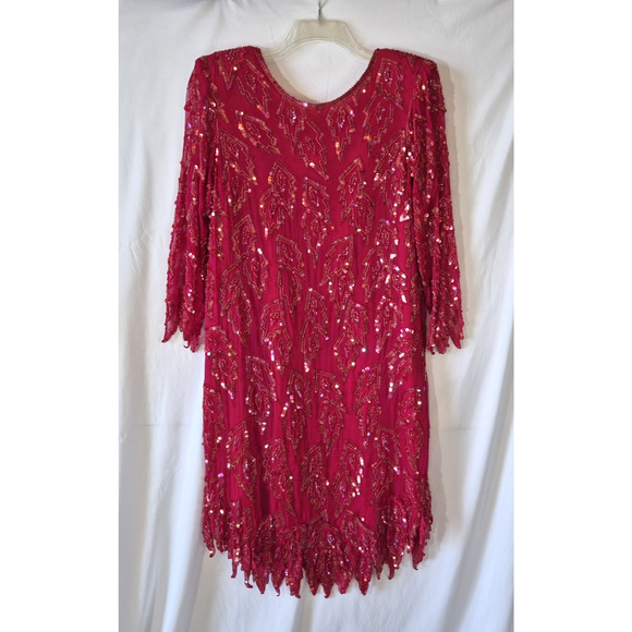 Vintage Carina Red 100% Pure Silk Sequin Dress XL Fringe Flapper Party Evening - Picture 1 of 7